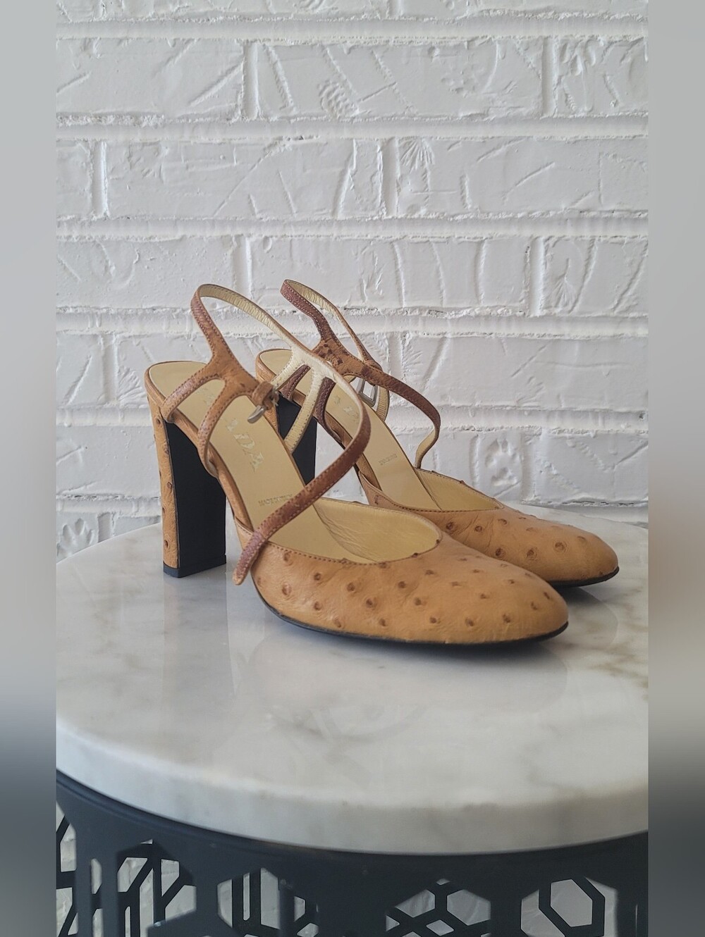 PRADA Tan Ostrich Leather Block Heel Slingback Pumps size 38